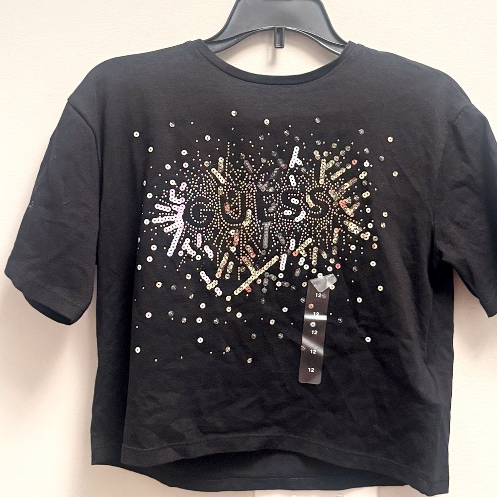 GUESS Big Girls Stretch Jersey Rhinestone and Embroidered Sequin Top Logo 12 - Picture 5 of 5